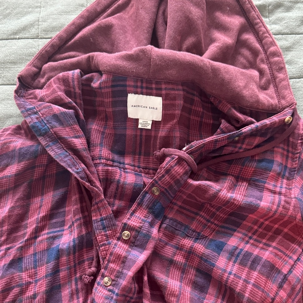 American Eagle Outfitters Burgundy Plaid Hooded Shirt